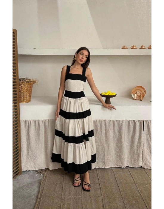 Bej Arkası Fiyonklu Keten Elbise