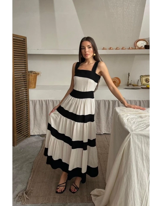 Bej Arkası Fiyonklu Keten Elbise