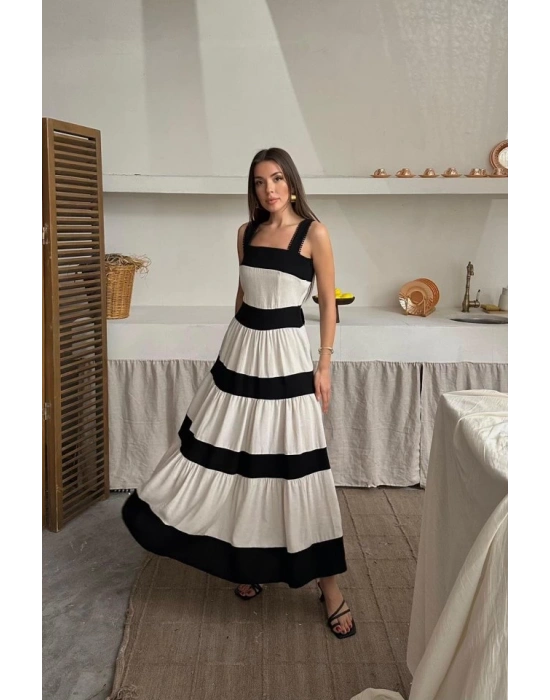 Bej Arkası Fiyonklu Keten Elbise