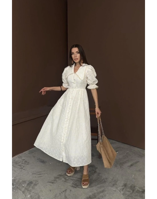 Bej Bebe Yaka Balon Kollu Brode Elbise