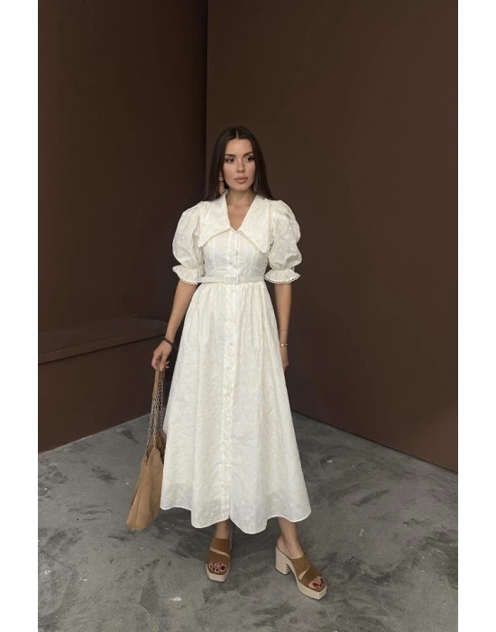 Bej Bebe Yaka Balon Kollu Brode Elbise