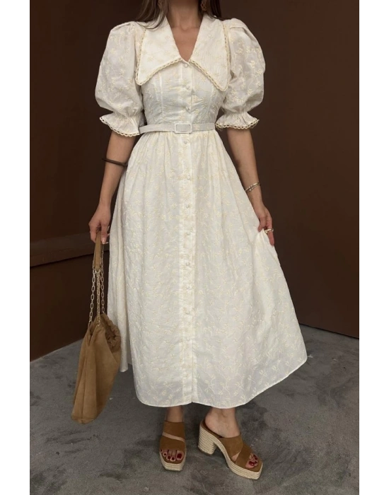 Bej Bebe Yaka Balon Kollu Brode Elbise