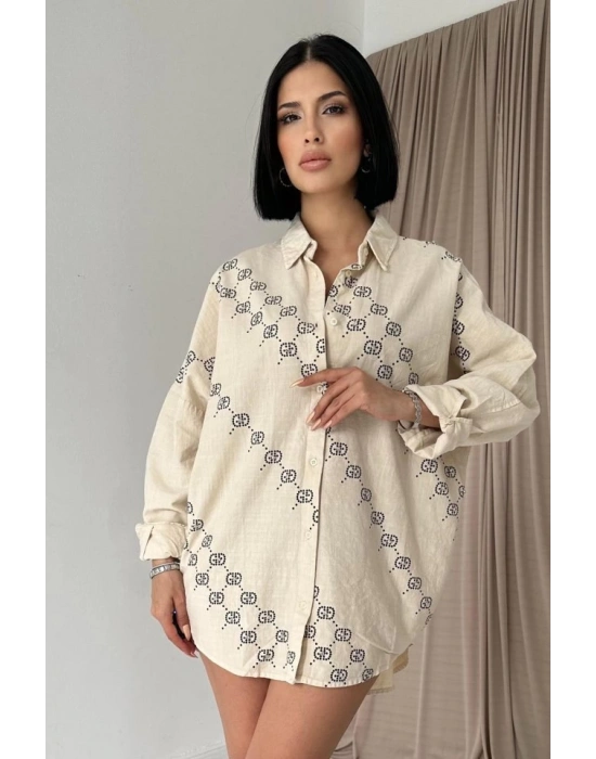 Bej Boyamalı Keten Baskılı Taşlı Gömlek