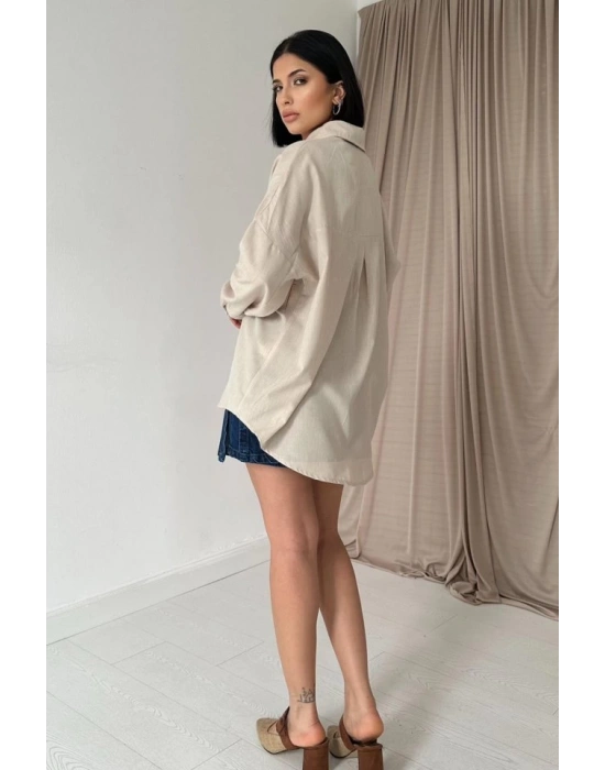 Bej Boyamalı Keten Baskılı Taşlı Gömlek