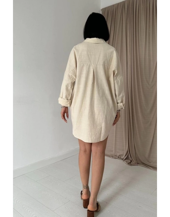 Bej Boyamalı Keten Baskılı Taşlı Gömlek