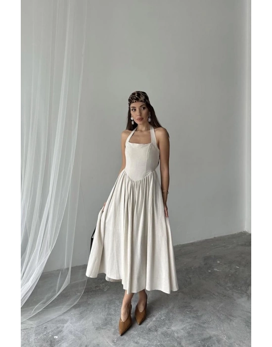 Bej Boyundan Bağlamalı Keten Elbise