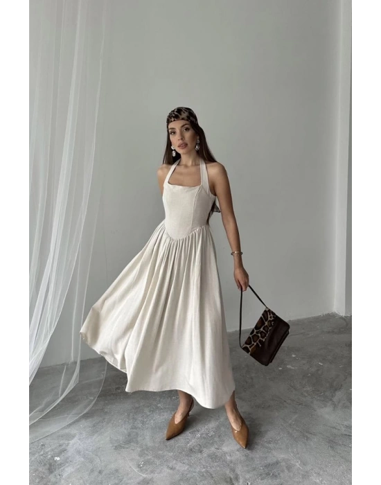 Bej Boyundan Bağlamalı Keten Elbise