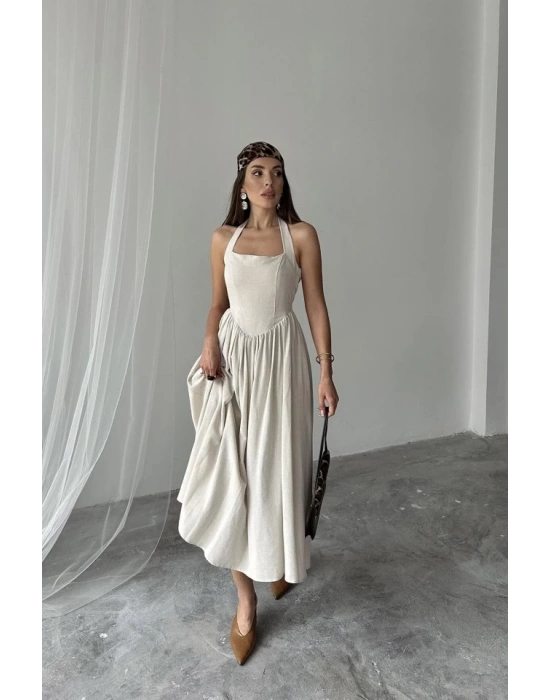 Bej Boyundan Bağlamalı Keten Elbise