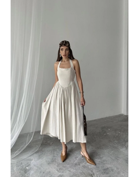 Bej Boyundan Bağlamalı Keten Elbise