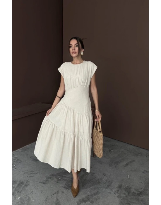 Bej Büzgü Detaylı Keten Elbise
