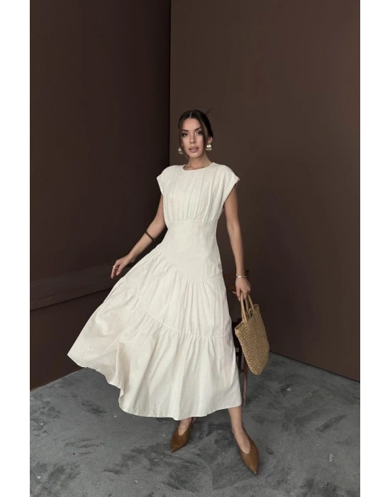 Bej Büzgü Detaylı Keten Elbise