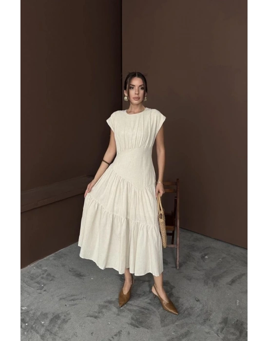 Bej Büzgü Detaylı Keten Elbise