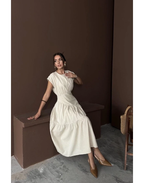 Bej Büzgü Detaylı Keten Elbise