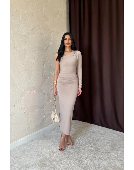 Bej Büzgü Detaylı Tek Omuz Elbise