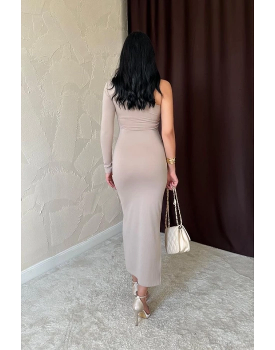 Bej Büzgü Detaylı Tek Omuz Elbise