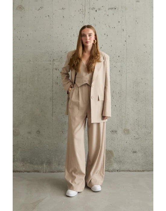 Bej Çizgili Ceket  Yelek Ve Pantolon Takım