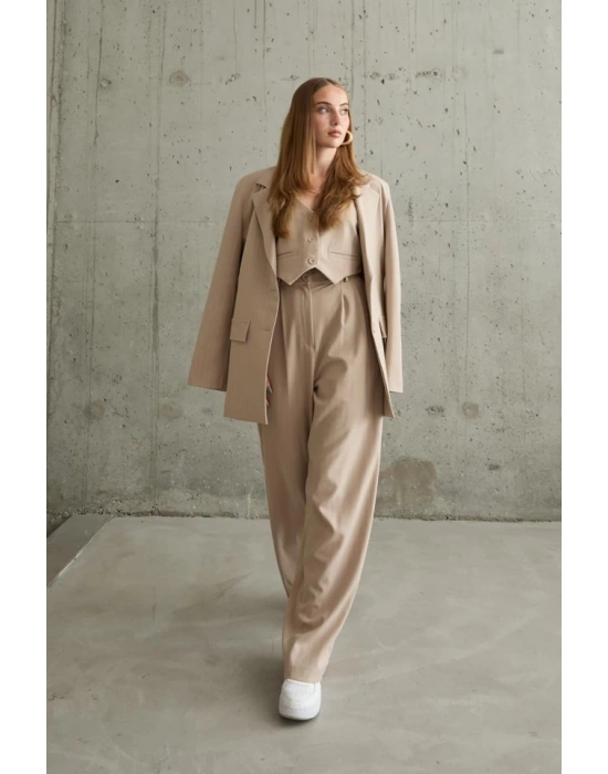 Bej Çizgili Ceket  Yelek Ve Pantolon Takım