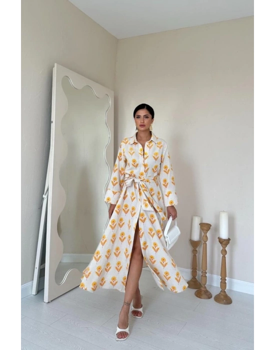 Bej Desenli Ve Önü Düğmeli Keten Elbise