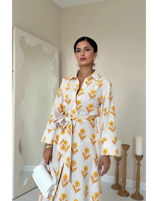 Bej Desenli Ve Önü Düğmeli Keten Elbise