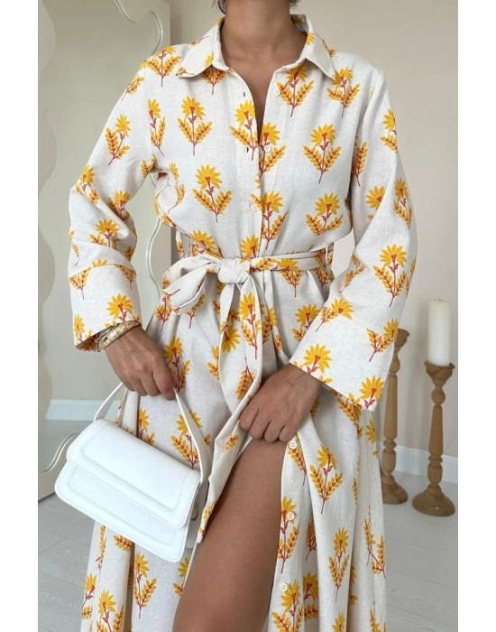 Bej Desenli Ve Önü Düğmeli Keten Elbise