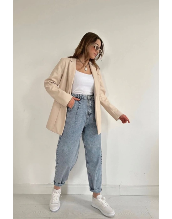 Bej Düğmeli Deri Ceket