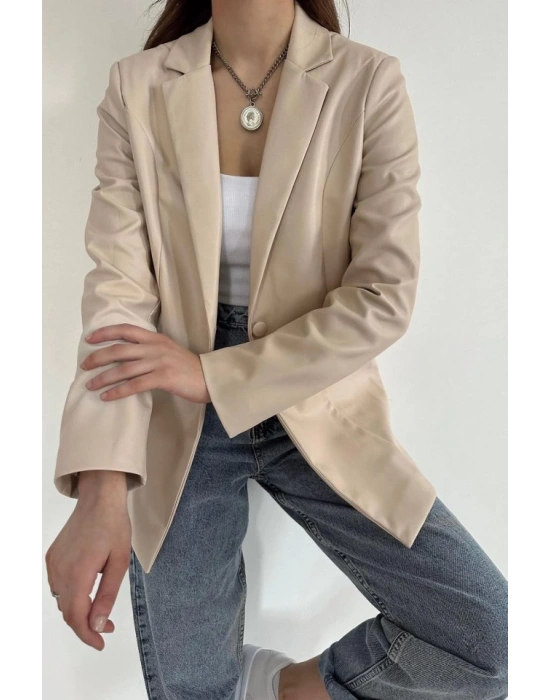 Bej Düğmeli Deri Ceket