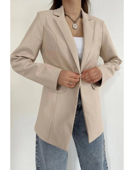 Bej Düğmeli Deri Ceket