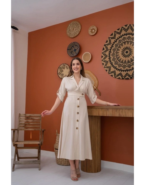 Bej Düğmeli Keten Elbise