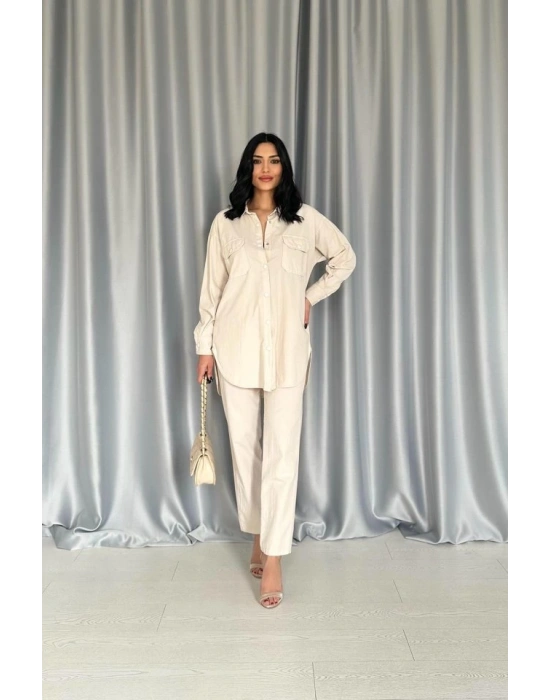 Bej Gömlek Ve Çıtçıtlı Pantolon Takım