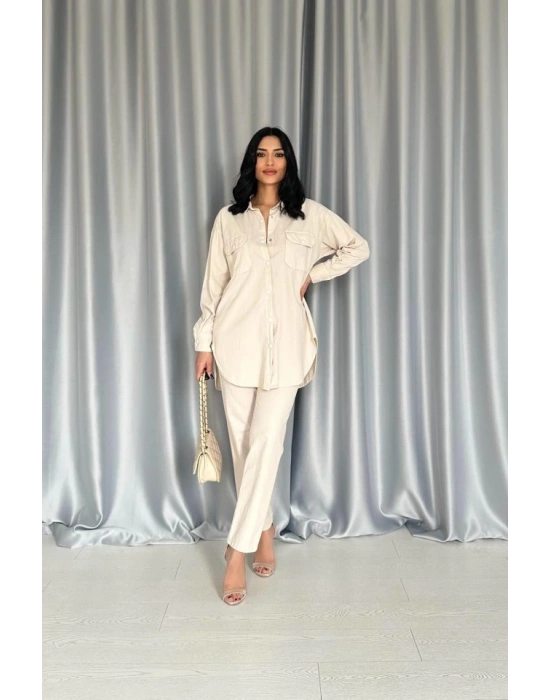 Bej Gömlek Ve Çıtçıtlı Pantolon Takım