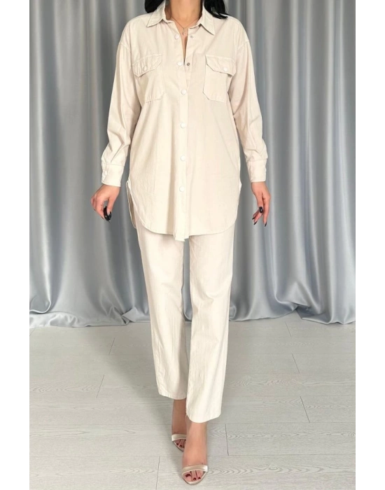 Bej Gömlek Ve Çıtçıtlı Pantolon Takım
