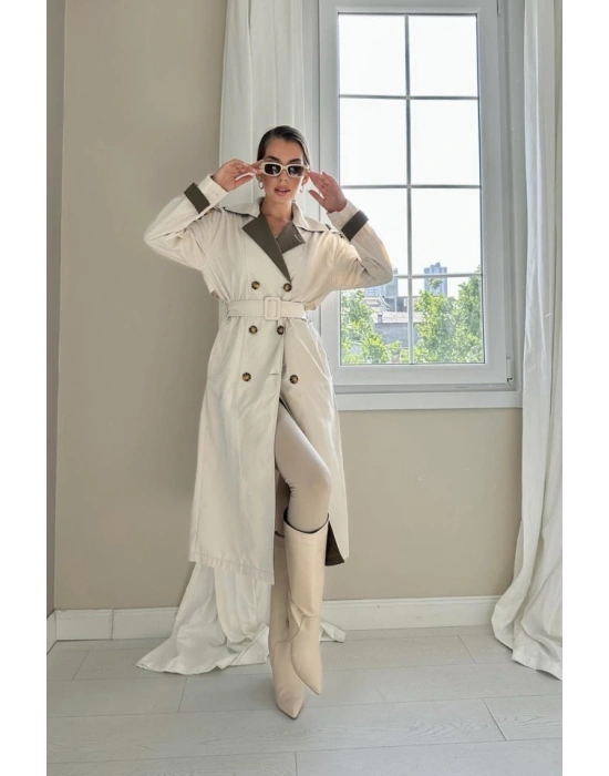 Bej Haki Arkası Çizgili Ve Kemerli Trençkot