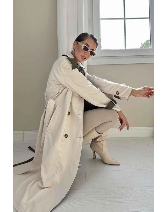 Bej Haki Arkası Çizgili Ve Kemerli Trençkot