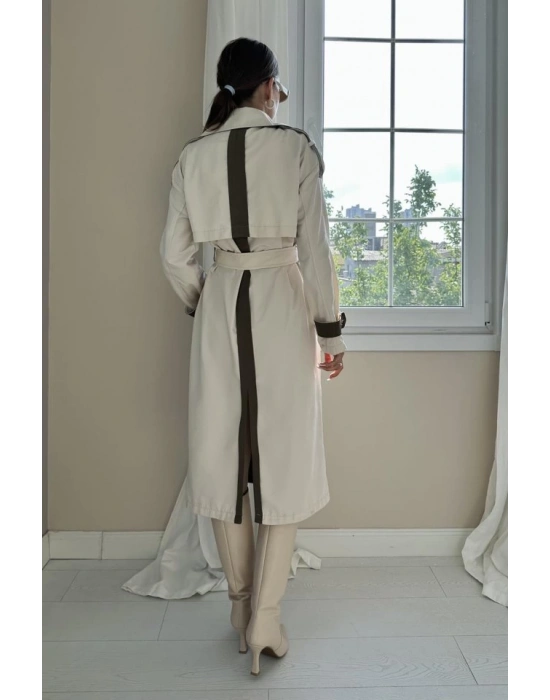 Bej Haki Arkası Çizgili Ve Kemerli Trençkot
