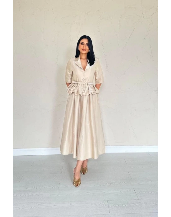 Bej İnce Kemerli Fırfırlı Ceket Ve Büzgülü Etek Takım