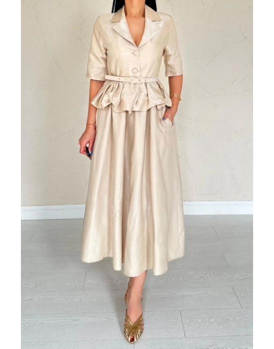 Bej İnce Kemerli Fırfırlı Ceket Ve Büzgülü Etek Takım