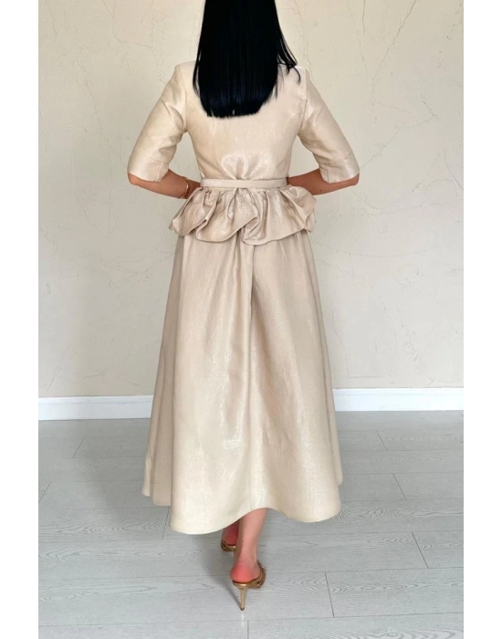 Bej İnce Kemerli Fırfırlı Ceket Ve Büzgülü Etek Takım