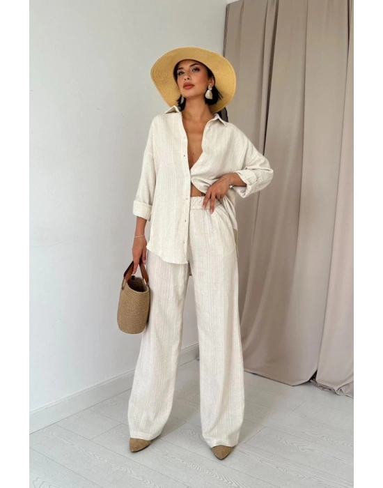 Bej Jakar Petek Gömlek Ve Pantolon Takım