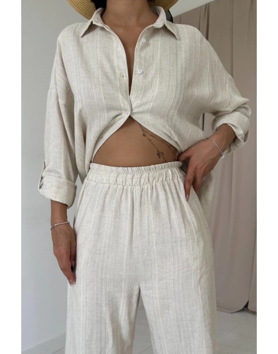 Bej Jakar Petek Gömlek Ve Pantolon Takım