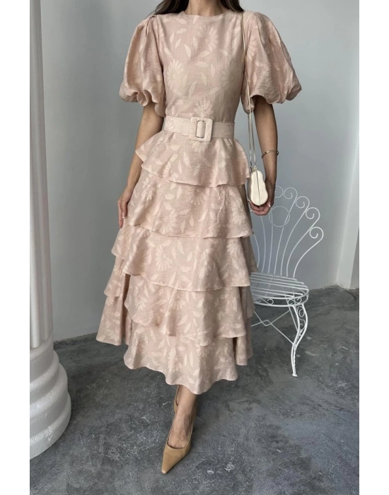 Bej Kat Kat Balon Kollu Kemerli Elbise