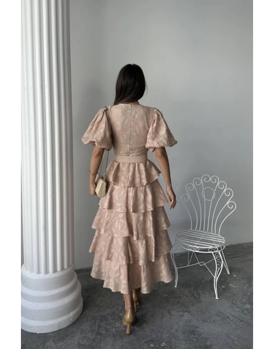 Bej Kat Kat Balon Kollu Kemerli Elbise