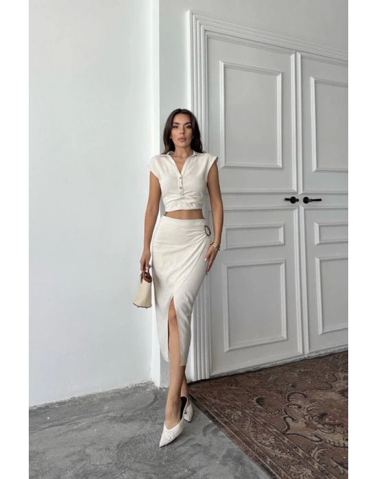 Bej Keten Gömlek Ve Etek Takım