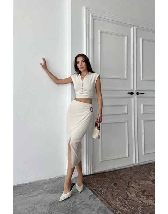 Bej Keten Gömlek Ve Etek Takım