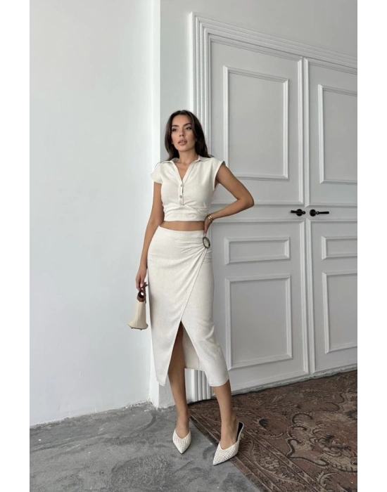 Bej Keten Gömlek Ve Etek Takım