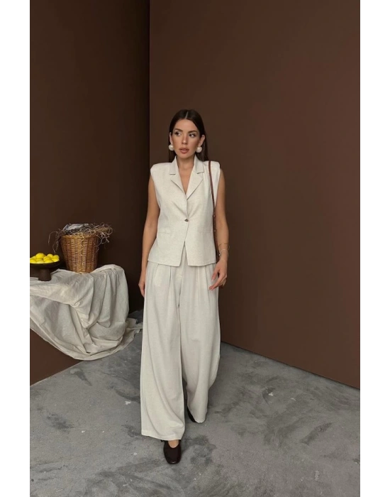 Bej Keten Yelek Pantolon Takım