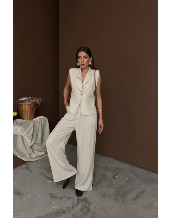 Bej Keten Yelek Pantolon Takım