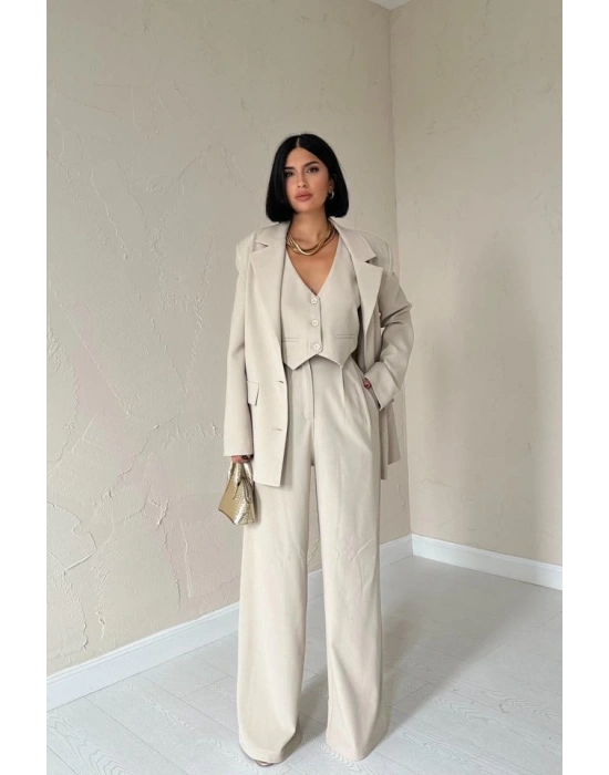 Bej Klas Ceket Ve Yelek Ve Pantolon Takım