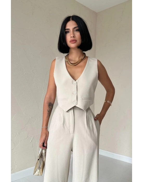 Bej Klas Ceket Ve Yelek Ve Pantolon Takım