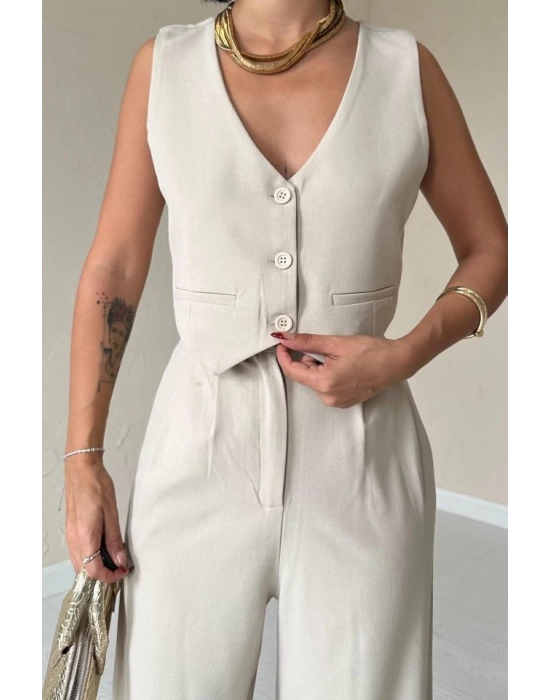 Bej Klas Ceket Ve Yelek Ve Pantolon Takım