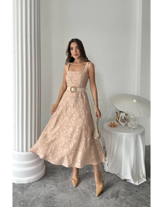 Bej Kuplu Uzun Elbise